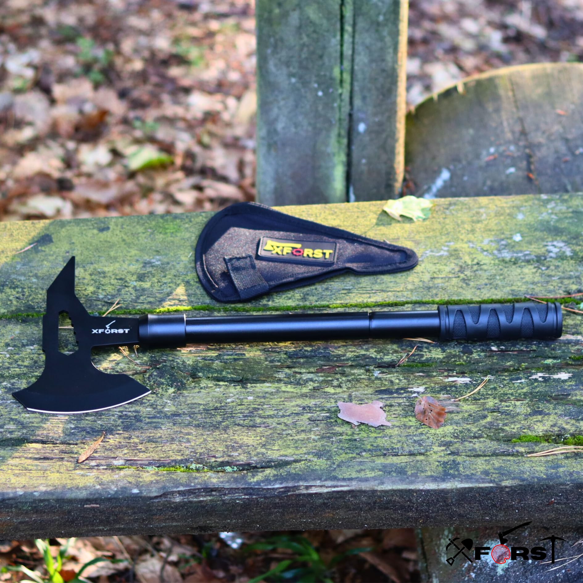 Xforst Ascia Accetta + Coltello 64,5 cm da giardino outdoor di alta qualità, Impugnatura in plastica e fodero in tessuto Oxford