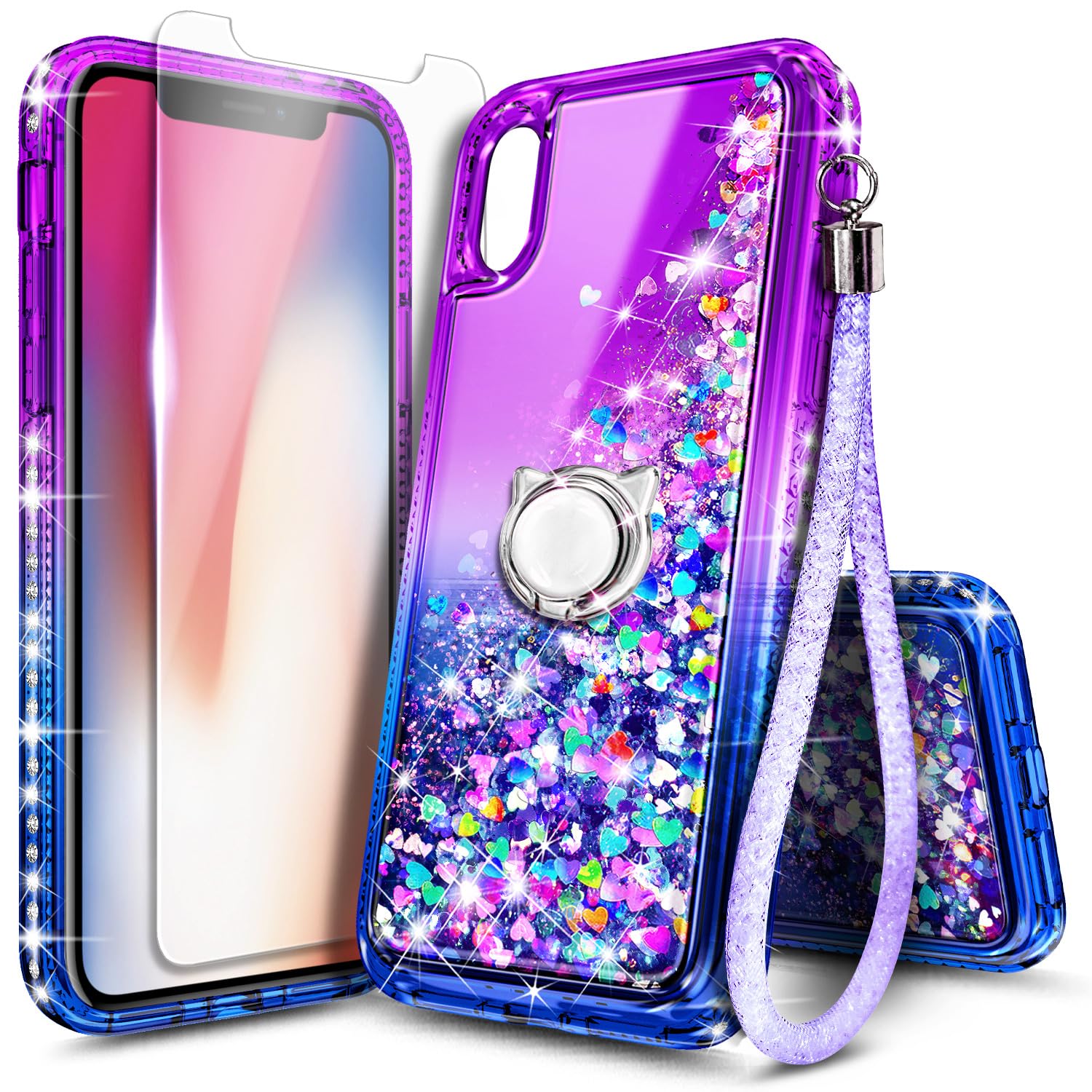 NGB Case for iPhone Xs Max with Tempered Glass Screen Protector, Ring Holder/Wrist Strap, Girls Women Liquid Bling Sparkle Flowing Floating Glitter Clear Cute Case (Purple/Blue)