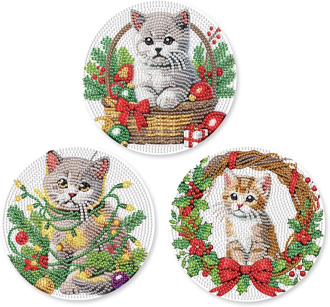 LazyFold 3Pcs DIY Diamond Art Painting Placemat,Christmas Cat Round Non-Slip Acrylic Table mats Modern Dining Table Kitchen Diamond Art Place mats Craft Supplies for Home Decor Gift