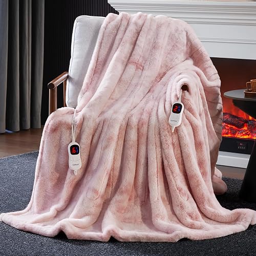 Guohaoi Heated Blanket Electric Throw, Soft Faux Rabbit Fur Electric Blanket with 10 Heating Levels 5 Sitting Timer Auto Off, Dual-Controller Heating Blankets, Machine Washable(84"×90" Pink)