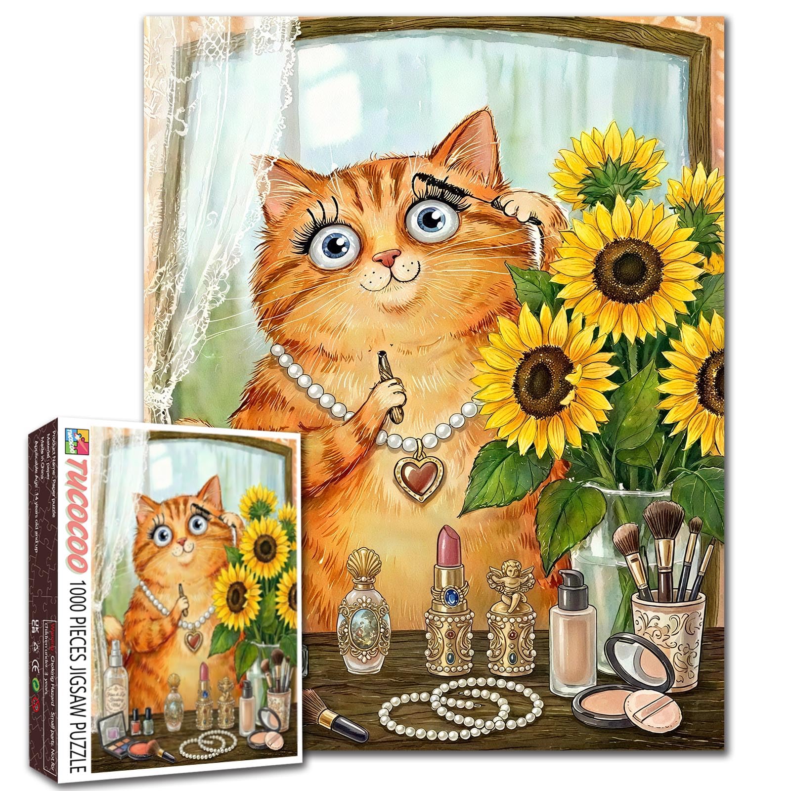 1000 Piece Jigsaw Puzzle for Adults Cute Cat Makeup Vanity Scene Puzzle Funny Kitten with Big Eyes Sunflower Mirror Puzzles Colorful Relaxing Activity 19.7 x 27.6 Inches Gift Wall Art Home Decor โ image 1