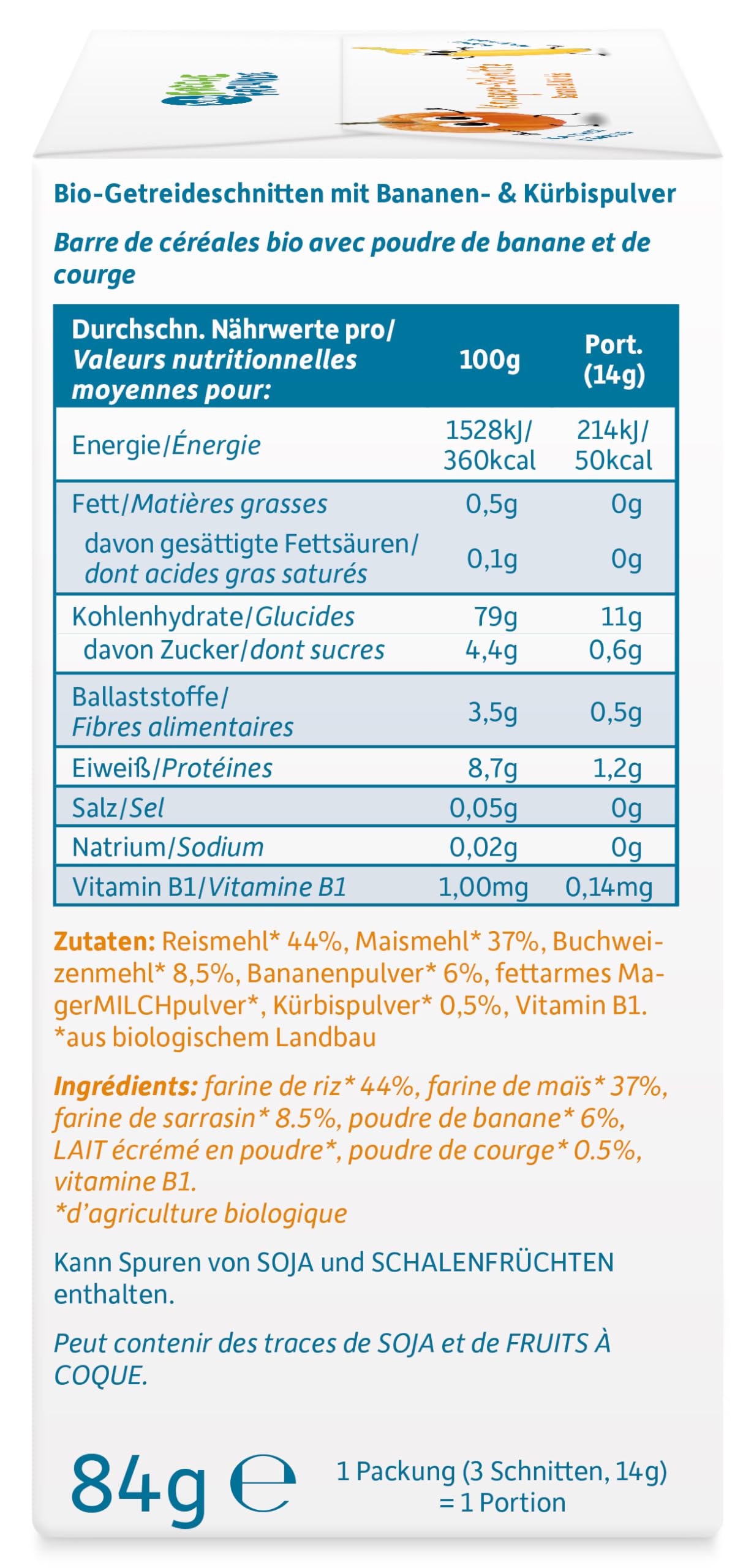 FRECHE FREUNDE Bio-Getreideschnitten mit Bio-Bananenpulver und Bio-Kürbispulver, Knusper-schnitte Banane und Kürbis, ohne Zuckerzusatz, 6er Pack (6x84g)