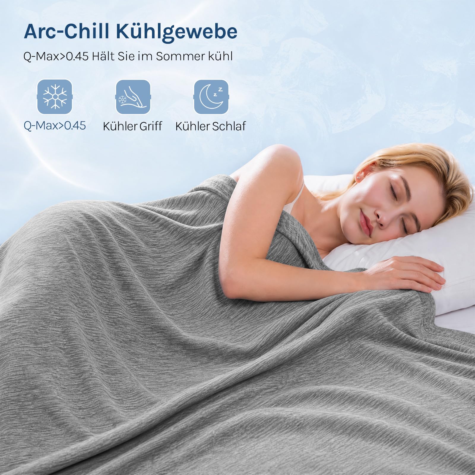 WOLTU Kühldecke mit Q-Max>0.45 fürs Schlafen, Sommerdecke Selbstkühlende Decke Mikrofaser Arc-Chill, kühl und hautfreundlich, weiche Sofadecke Reisedecke 150 x 200cm Grau