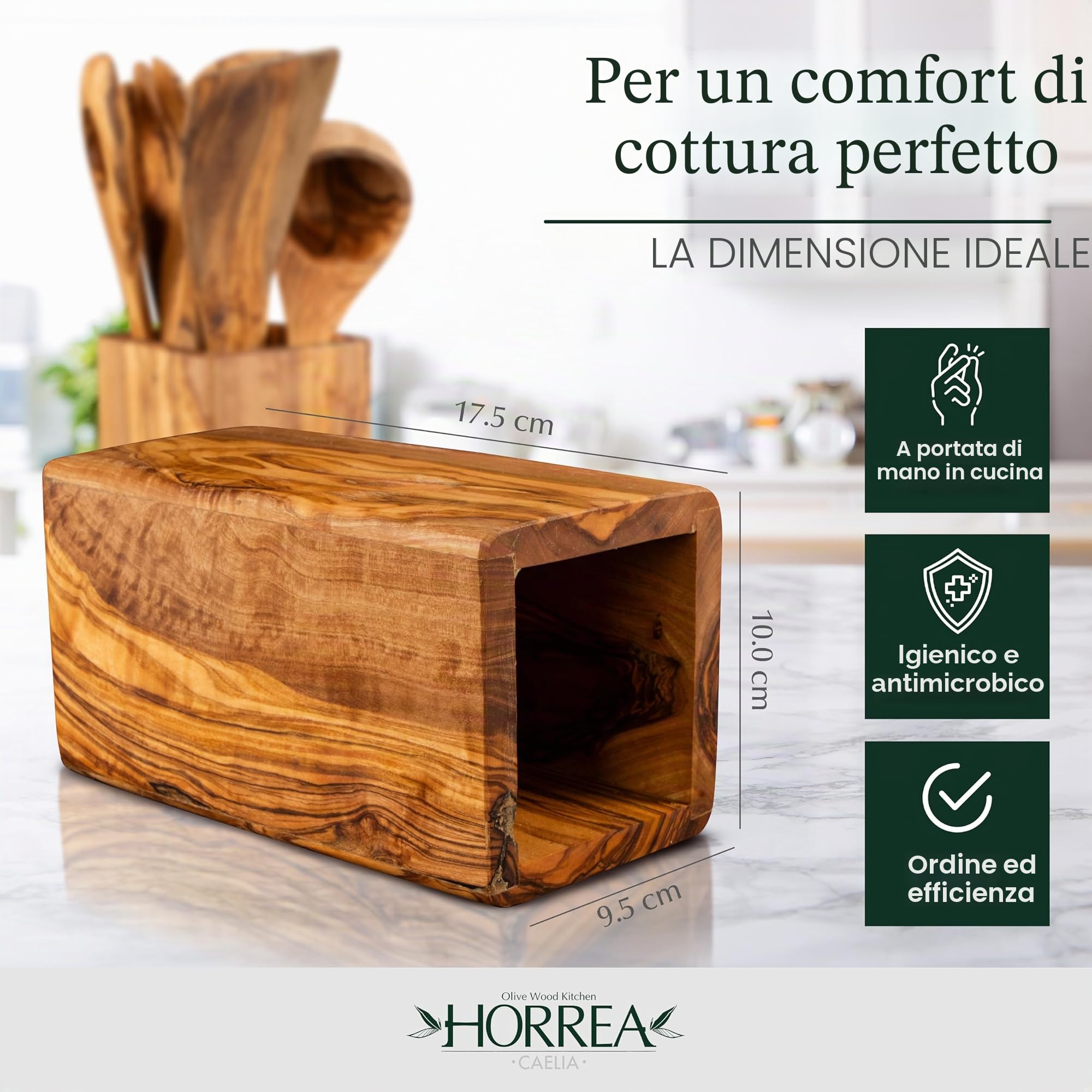 HORREA CAELIA - Set di 7 cucchiai, realizzato a mano in legno d'ulivo, spatola, mestolo, mestolo, cucchiaio, forchetta da insalata, cucchiaio, spatola con contenitore in legno d'ulivo, sostenibile