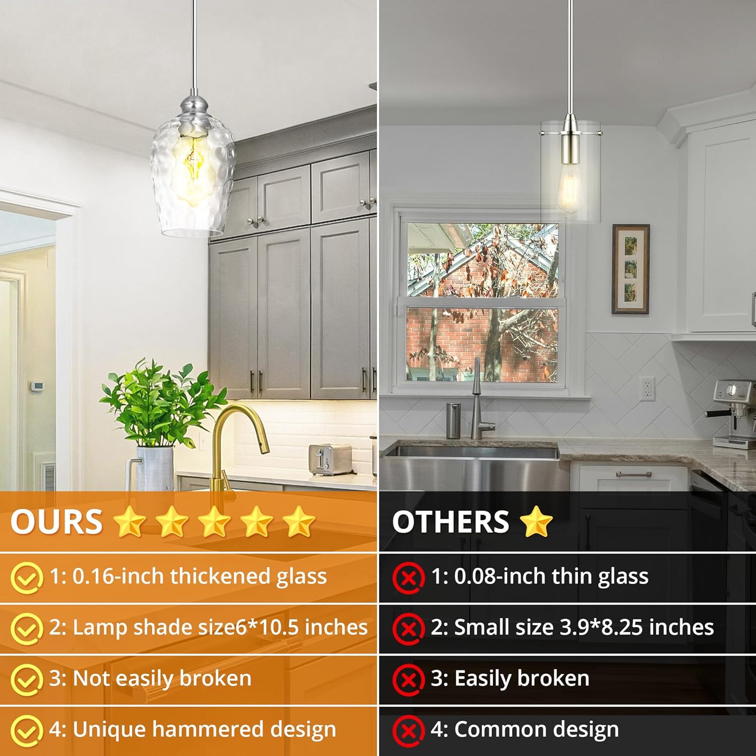 Glass Pendant Lights Kitchen Island, Brushed Nickel Pendant Light Fixtures with Hand-Blown Clear Glass, Modern Hanging Light for Kitchen Sink Dining Room Bedroom, E26