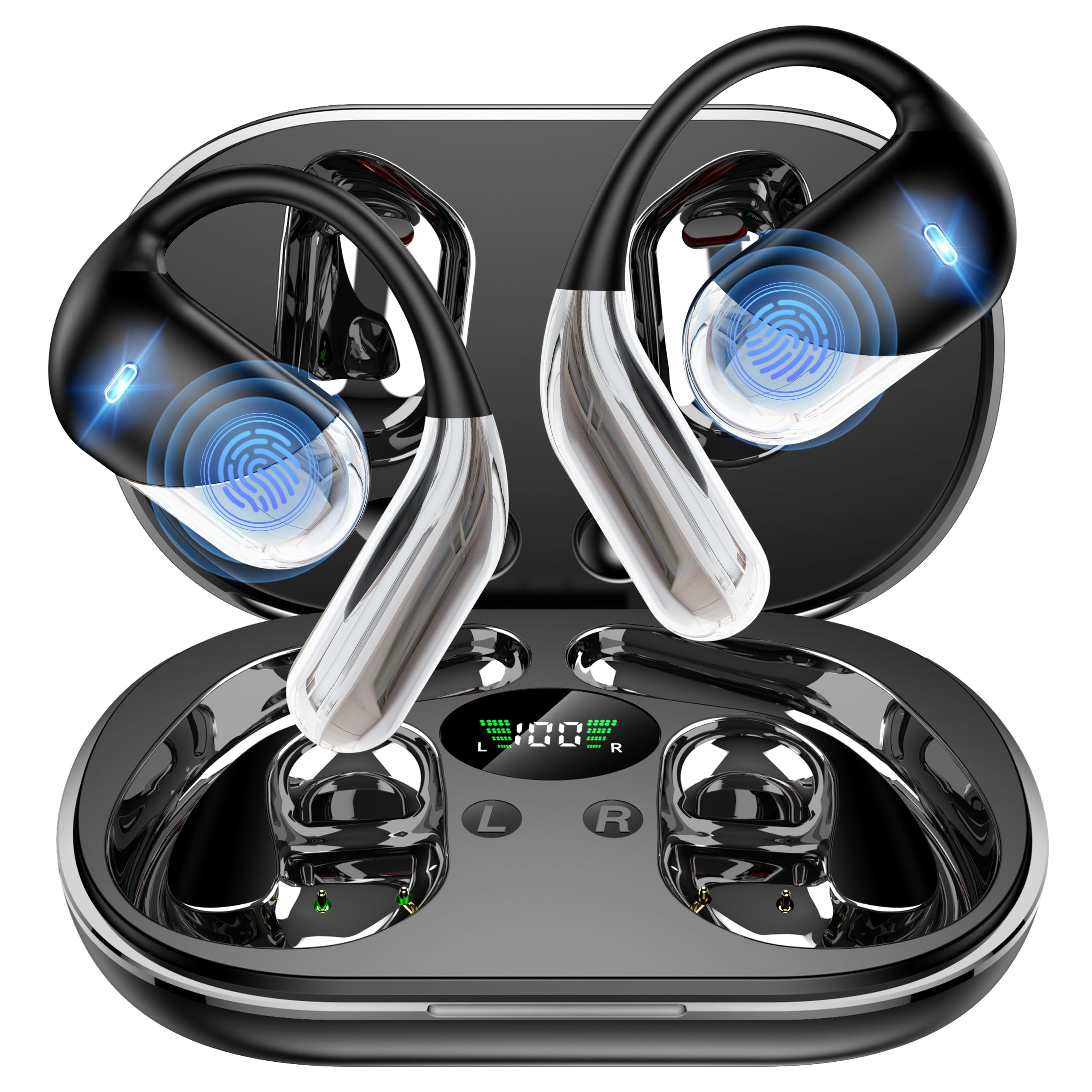 Paekole Auriculares Inalámbricos Deportivos Abiertos, Bluetooth 6.1 Open Ear con Gancho Flexible, 80H Batería, Pantalla LED, ENC Cancelación Ruido, IPX7 Impermeable, Oreja Abierta Running y Oficina