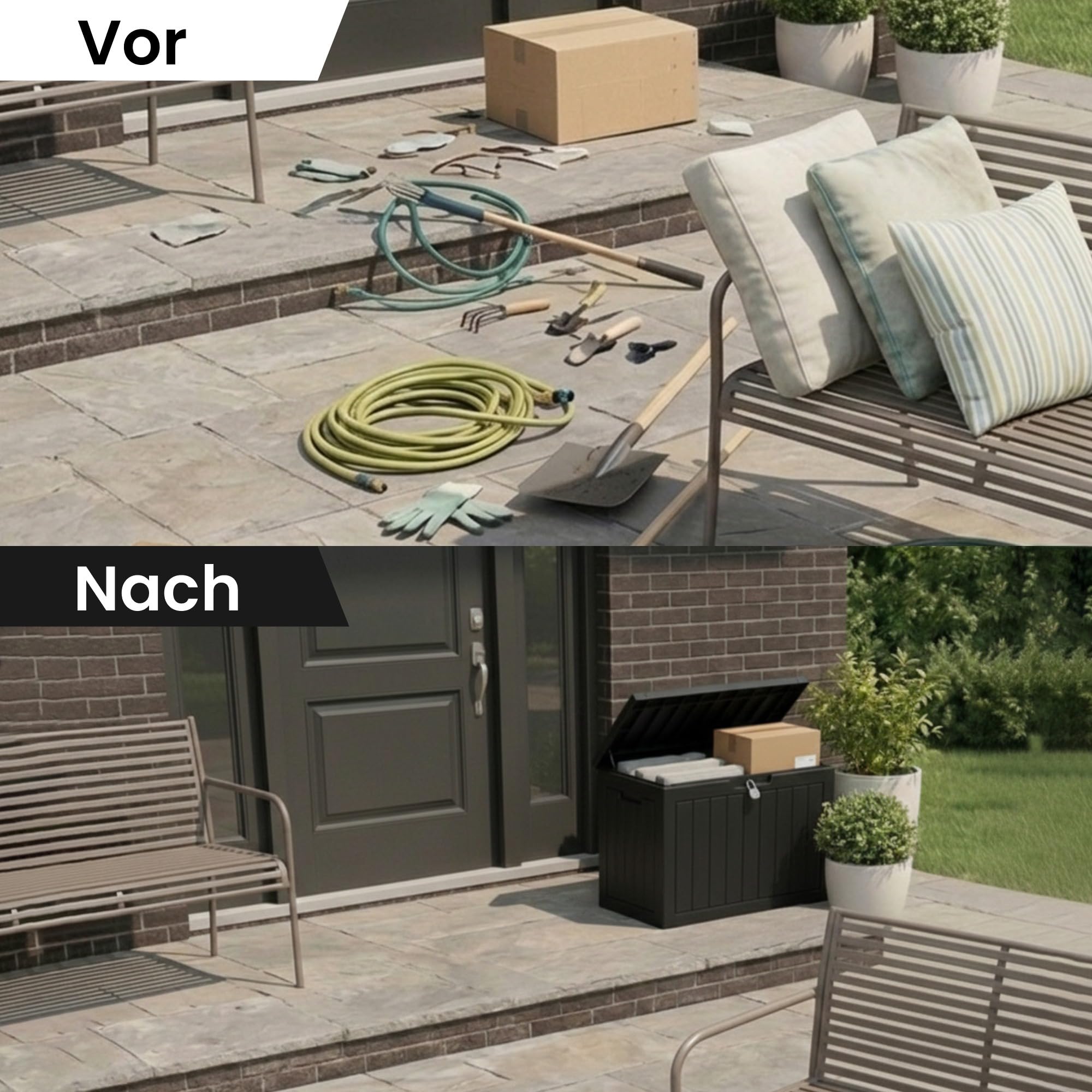 Olsen & Smith 170L Paketbox & Abschließbare Gartenbox mit Deckel | Wasserdicht & Wetterfest, Inkl. Vorhängeschloss, 100 % Recycelt, Für Pakete & Auflagen, Kissenbox, Draußen, Balkon & Terrasse
