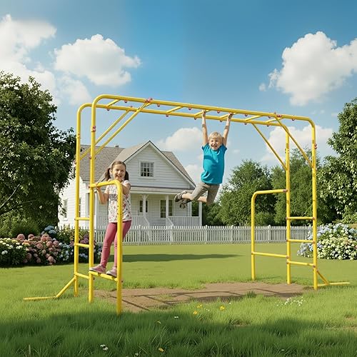Outdoor Monkey Bars for Kids, Steel Monkey Bar for Backyard, with Climbing and Gymnastics Bar,Free-Standing Playset for Children Age 3-12,Compact for Small Yards, Yellow