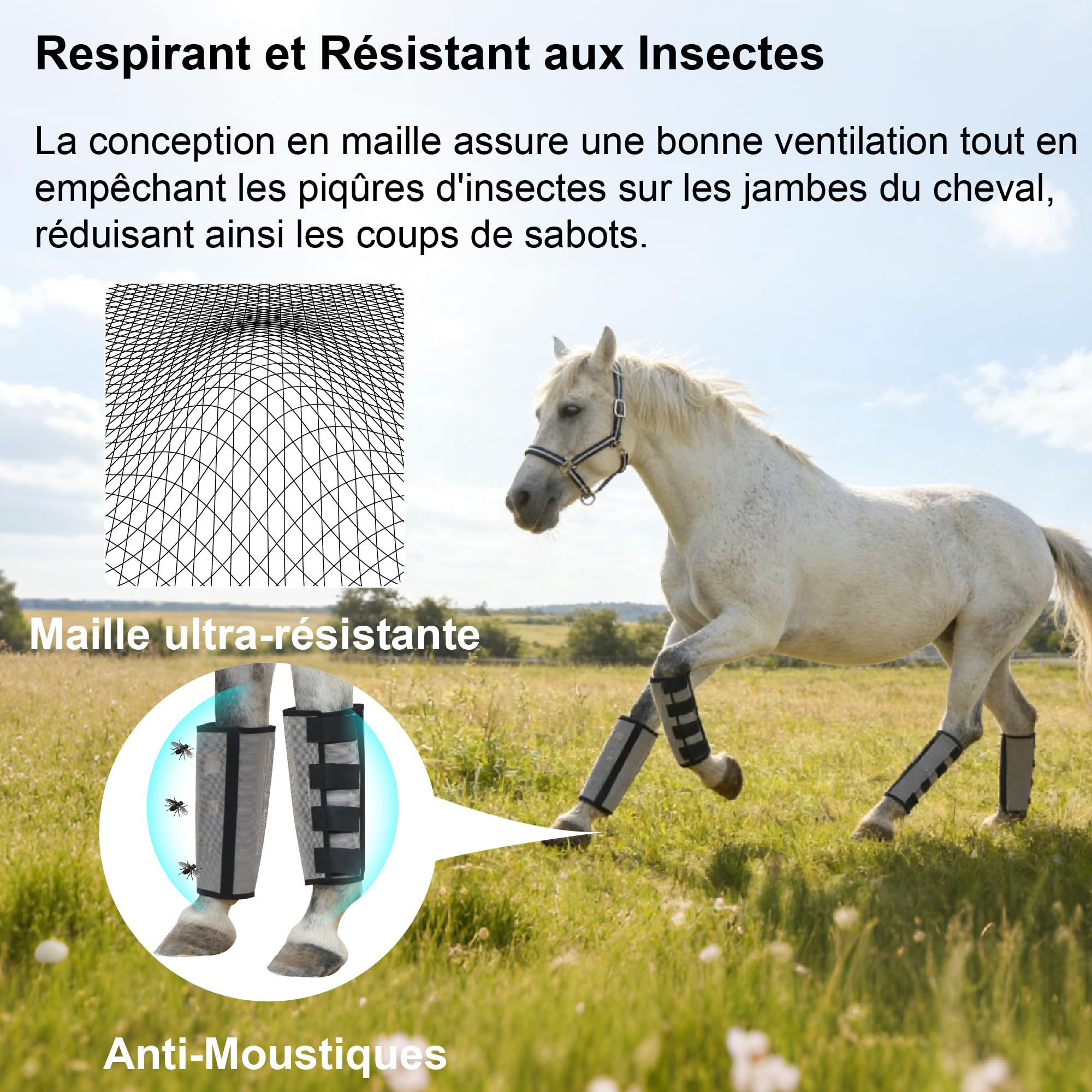 Set di 4 ghette antimosche per cavalli, riducono i colpi di zoccoli, leggeri, taglio ampio, rete traspirante, fissaggio con velcro, antiscivolo, per pascolo, stalla, grigio