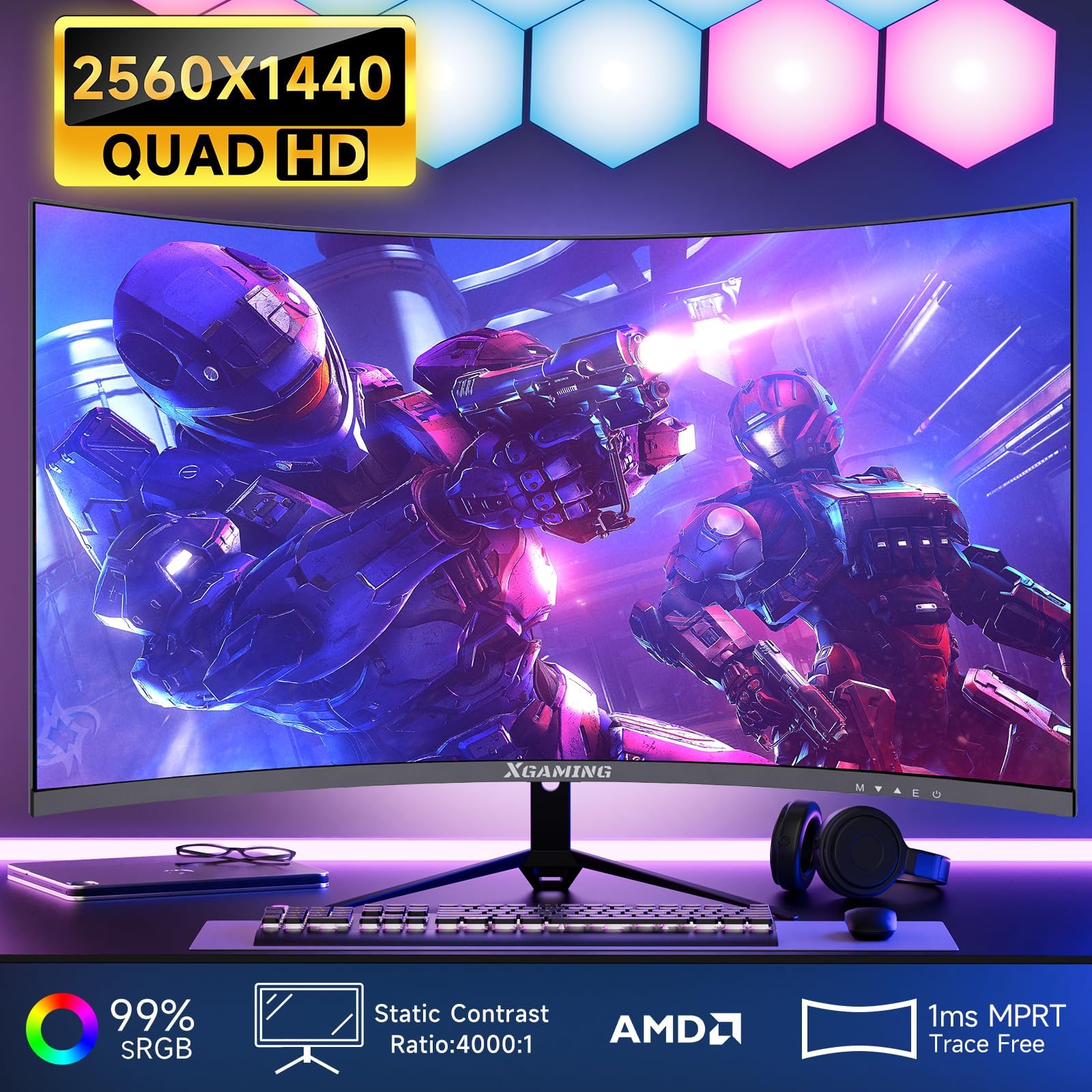 XGaming Gaming Monitor 27 Pollici Curvo (R1500) 165Hz, QHD 2560x1440,Curvo Monitor Gaming,sRGB 99%, HDR, PC Monitor, FreeSync, Flicker Free,HDMI 2.0,DisplayPort,Senza altoparlante incorporato