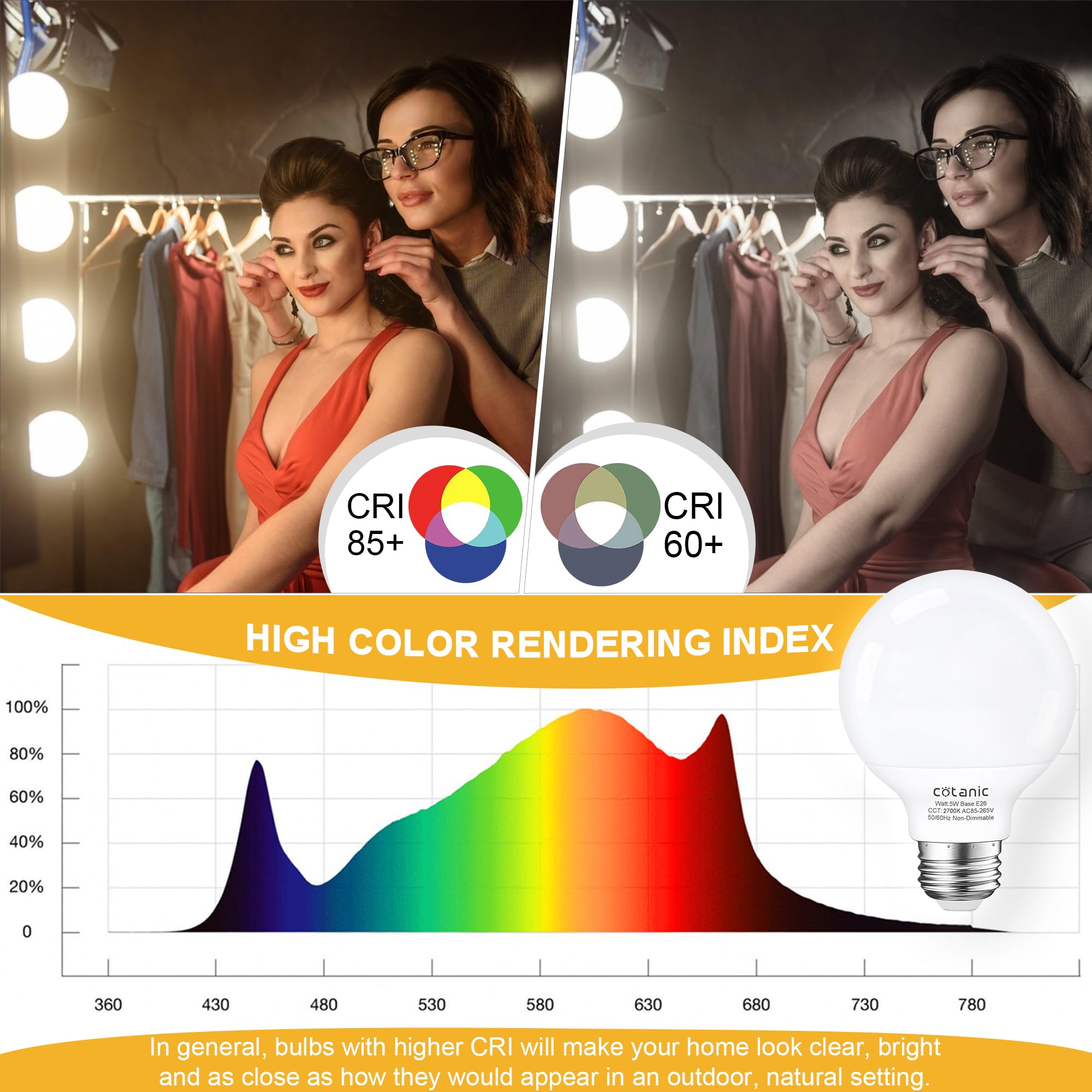 Kosiy G25 LED Vanity Light Bulb 2700K Warm White,Cotanic Globe Light Bulbs for Bathroom Vanity Mirror 500LM,E26 Screw Base 5W 60W Incandescent Equivalent,Non-dimmable,Pack of 4