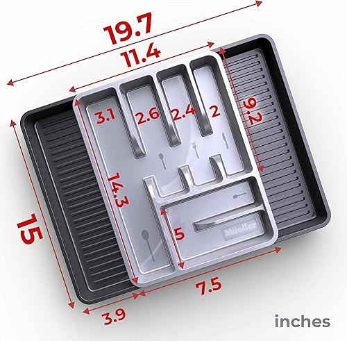 Miniatura 4 de Mueller - Organizador de cubiertos para cajón de cocina, 19.7 x 15 pulgadas, expandible, 6 compartimentos, resistente, bandeja de cubiertos para