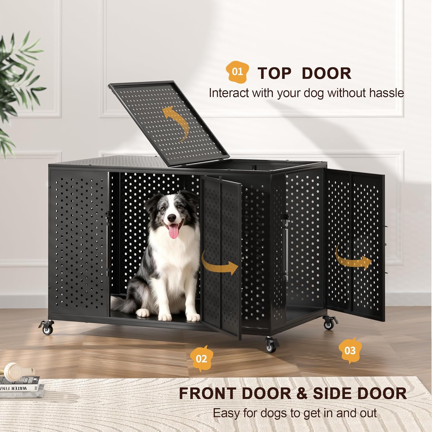 REXWELTEN 48 Inch Heavy Duty Dog Crate for High Anxiety Dogs with Self-Locking Latch, Escape-Proof Steel Kennel Indoor for Extra Large Dogs, 3-Door Pet Cage with Wheels and Removable Floor, XXL