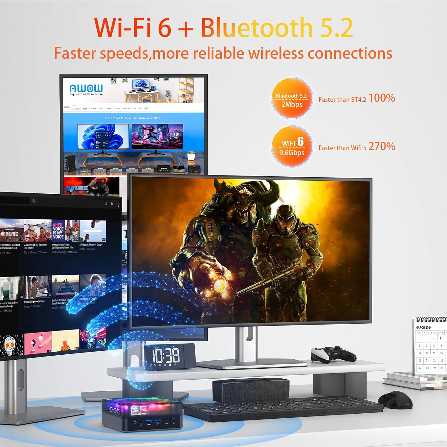 Graphic illustrating Wi-Fi 6 and Bluetooth 5.2 connectivity, highlighting faster speeds compared to previous generations.
