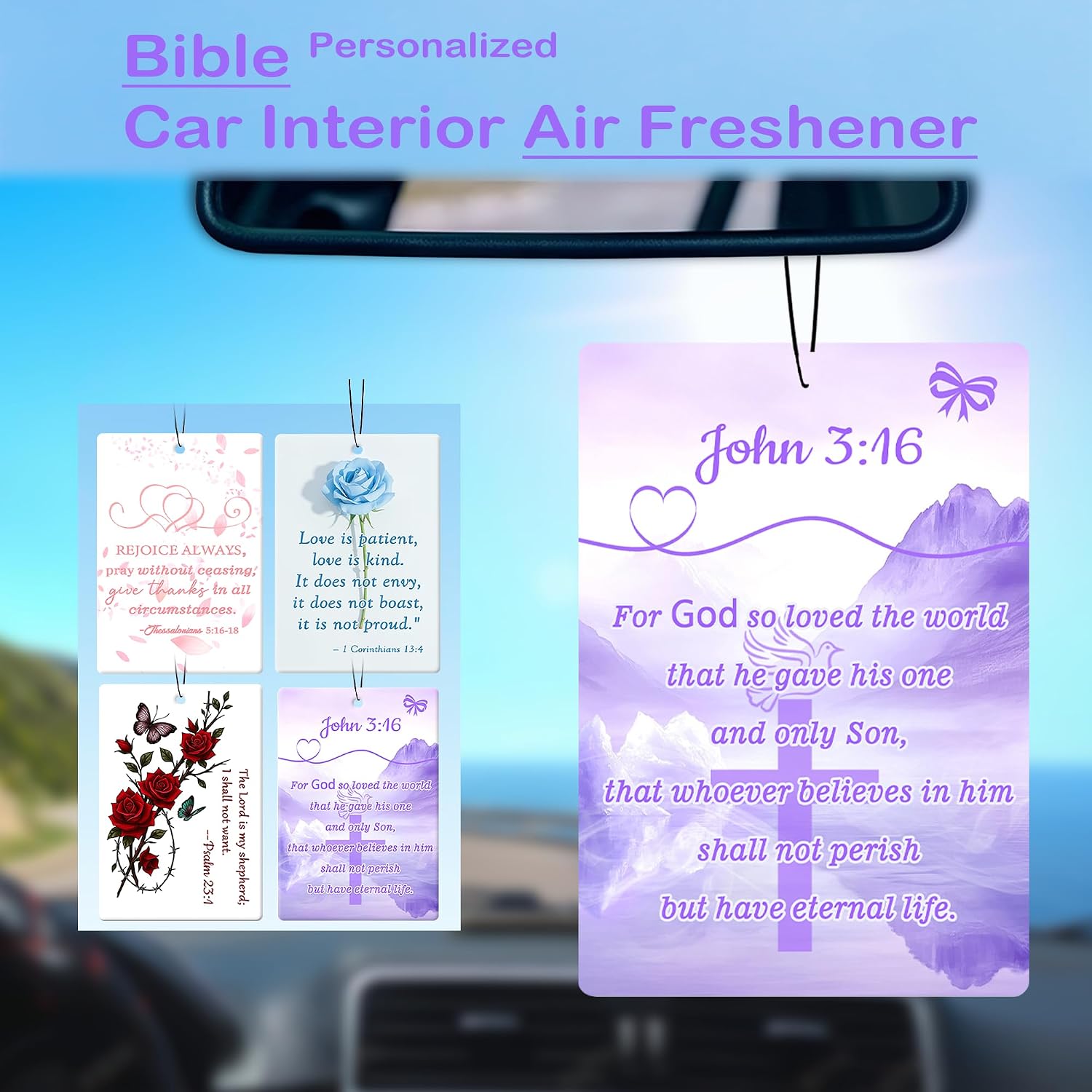 MOSADO Pink Christian Car Air Freshener 4Pcs Cute Girly Car Accessories for Women, 4 Scents Jesus Rearview Mirror Hanging Decor Religious Faith Gifts for Teen Girls Interior Stuff (Purple Christian) image 2