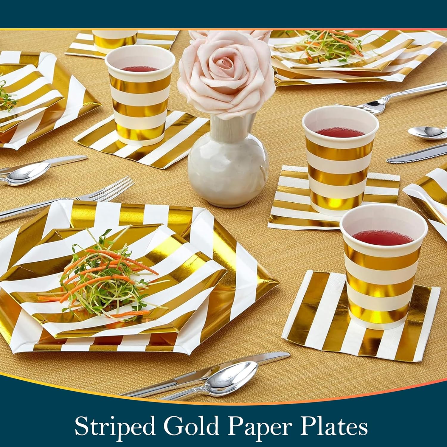 Unique Hexagonal Gold Stripe Paper Plates Set - 10.25" & 7.5” (Pack of 36) - Hot Stamped Design - Perfect for Parties, Weddings, and Everyday Use - Image 3