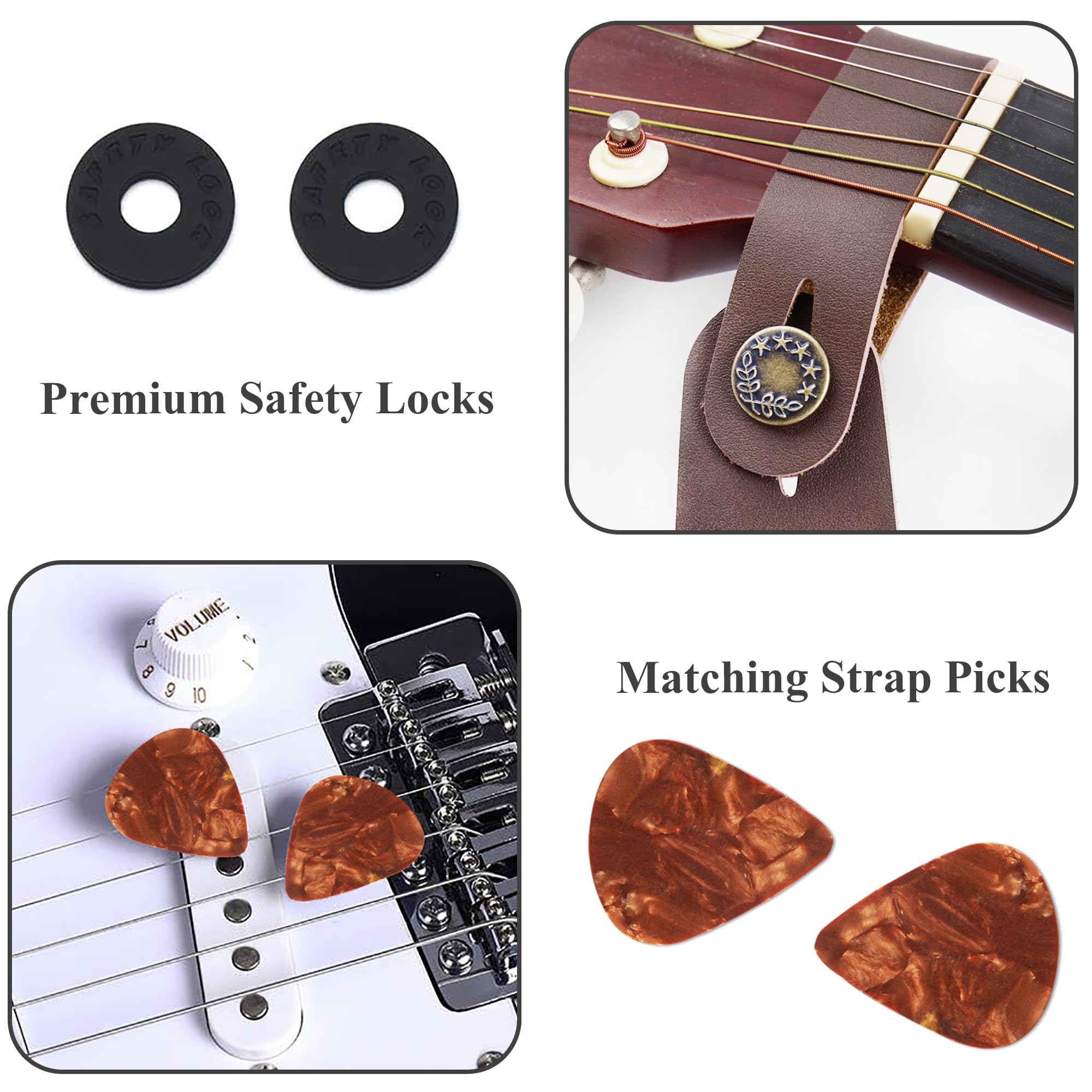 Czzmy Adjustable Guitar Strap Includes 2 Strap Locks & 2 Matching Picks.Leather ends Guitar Shoulder Strap Suitable for Acoustic Guitar,Electric Guitar,Gift for Guitarist(1-Carved Light Brown) - Image 4