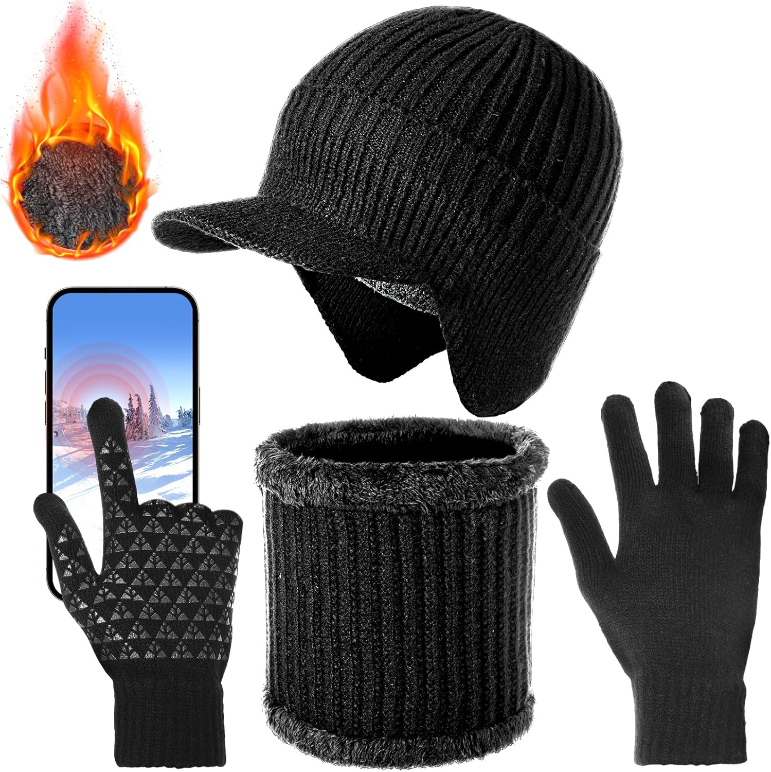 Men’s 3-Piece Winter Beanie, Neck Warmer & Touchscreen Gloves Set