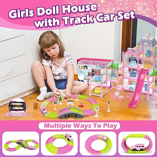Miniatura 5 de Casa de muñecas de princesa para niñas, casa de muñecas de ensueño con coche de pista, muñecas, mascotas, luces, muebles y accesorios, casa de