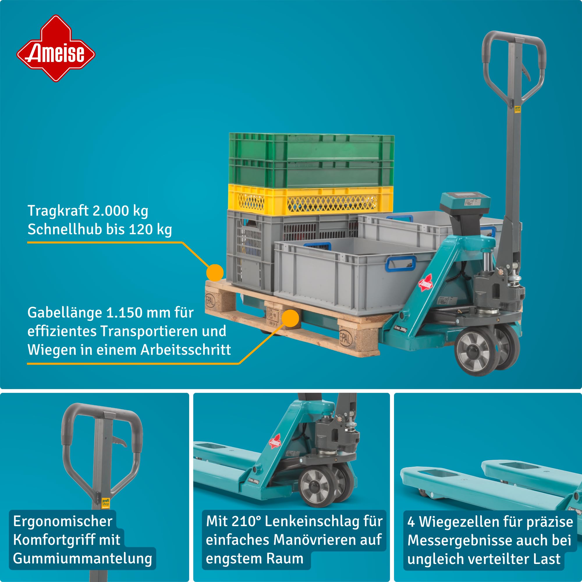 Ameise Hubwagen PTM mit Waage | Display mit 1 kg Schritten | 2.000 kg Tragkraft | 1.150 mm Gabellänge | Vollgummi Lenkrad | Polyurethan Tandem-Gabelrollen | Schnellhub bis 120 kg