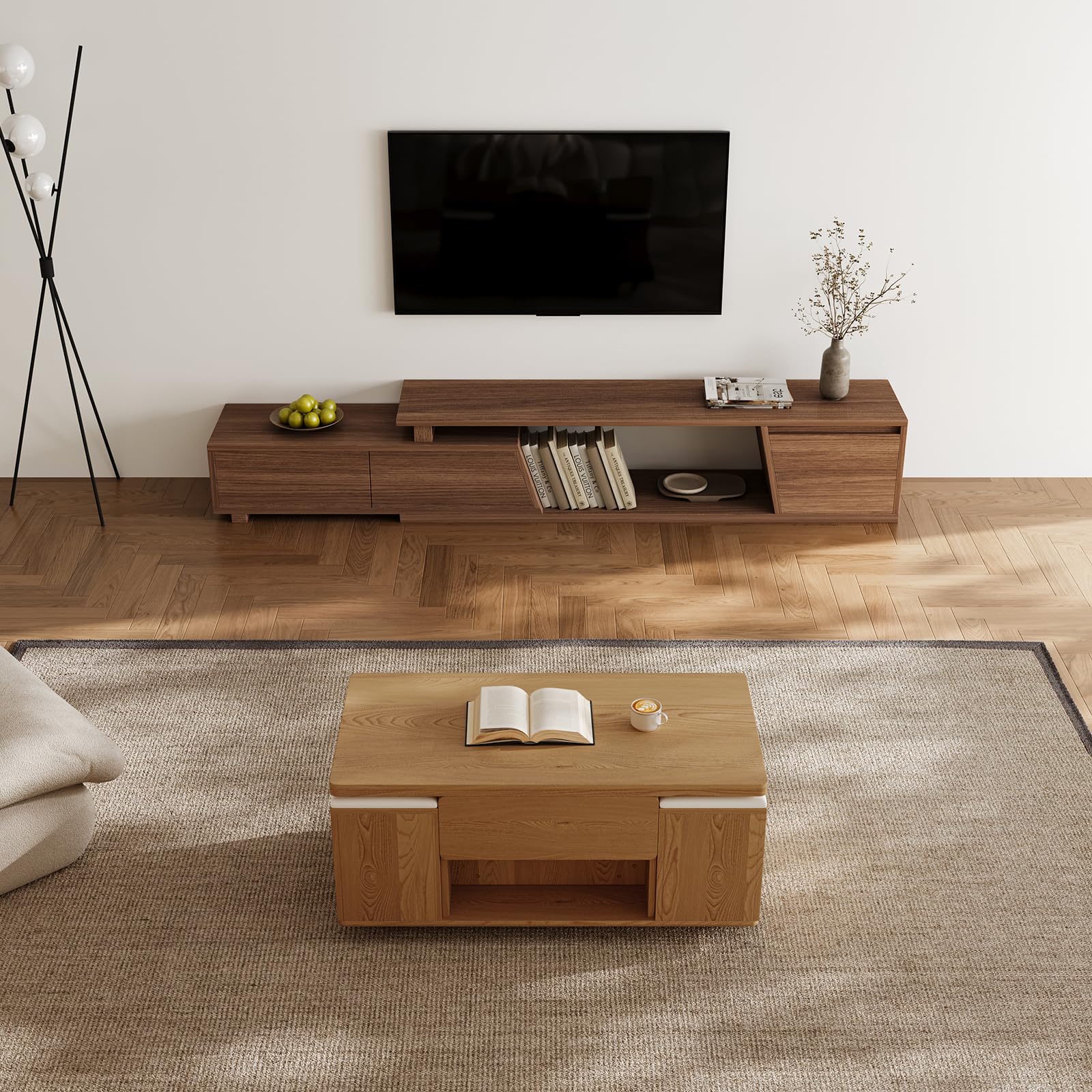 Homary Table Basse Relevable en Bois avec 4 Chaises Cachées Moelleuses, Tournante Hydraulique, Mode Bureau Salle à Manger, Rangement Intégré, Meuble Moderne Multi-Fonction Claire