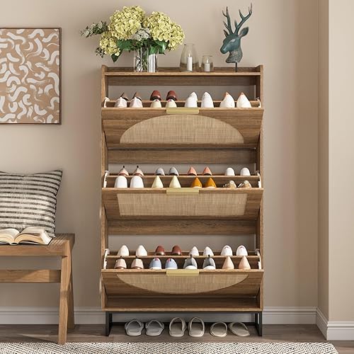 Miniatura 3 de Maupvit Gabinete de almacenamiento de zapatos de ratán con 3 cajones abatibles, organizador de zapatos independiente con patas de metal para