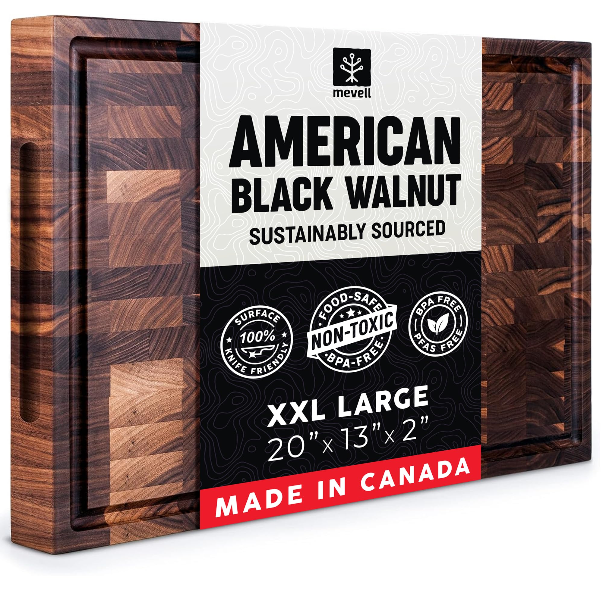 Mevell Walnut End Grain Cutting Board for Kitchen, Reversible Extra Large Wooden Butcher Block With Juice Grooves, Made in Canada (Walnut, 20x13x2)