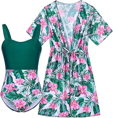 Funnycokid Girls One Piece Swimsuits with Cover Up Bathing Suits Swim Set Kids 8-16 Years