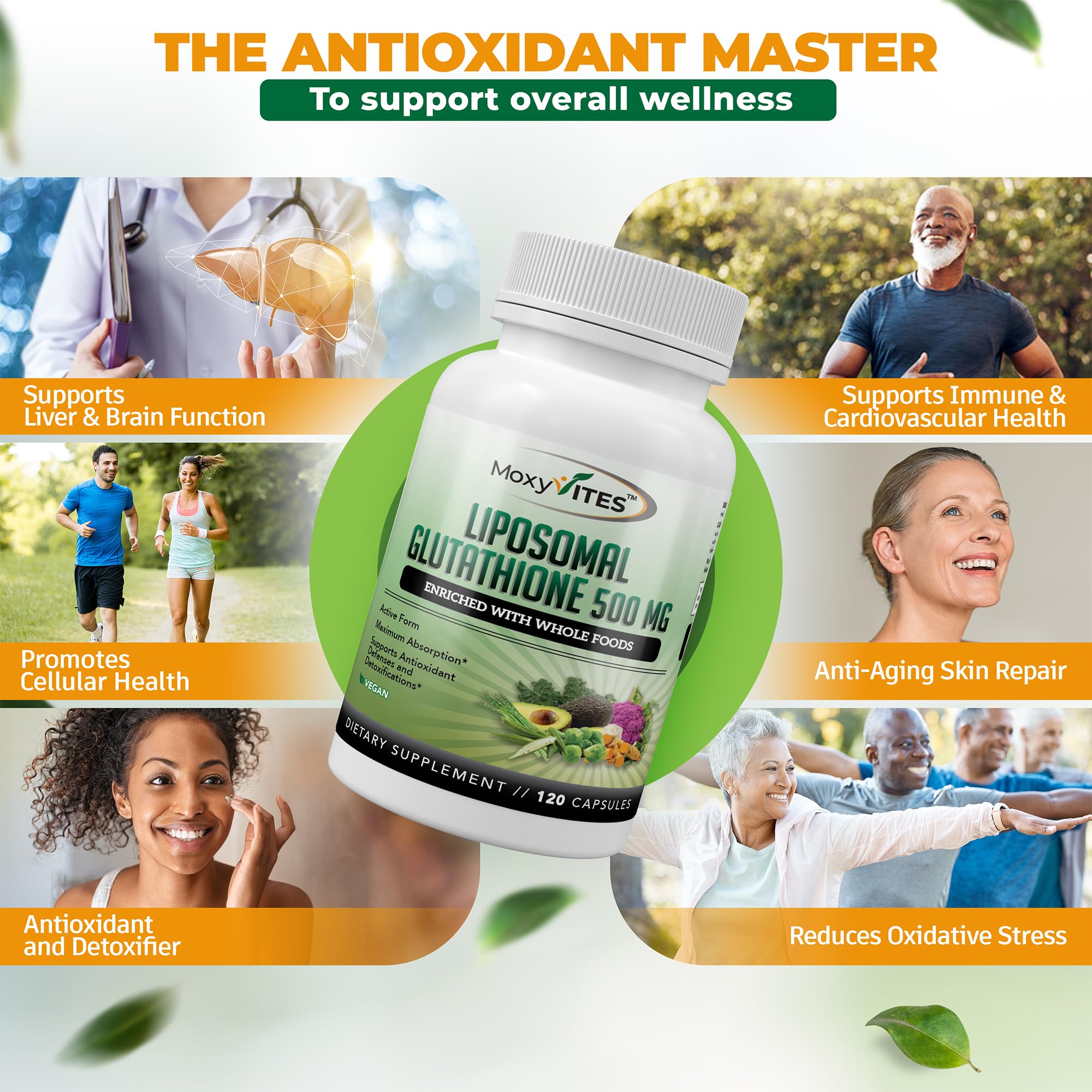 Liposomal Glutathione Supplement 500mg - Pure L Glutathione (GSH) Reduced - Active Form, Made with Organic Whole Food, Non GMO Phospholipid Complex - Antioxidant