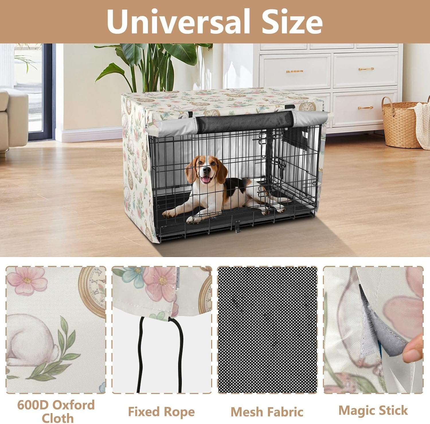 Duty 600D Silver Coated Dog Crate Cover, Water-Resistant Swan Print Pet Kennel Canopy with Mesh Windows for Optimal Ventilation, Universal Fit for Standard Wire Cage, Indoor & Travel