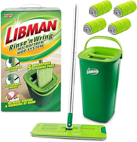 Libman Rinse 'n Wring - Sistema de fregona y cubeta Mopa de piso de microfibra Limpiador de pisos de madera dura Trapeador húmedo y seco Cámaras