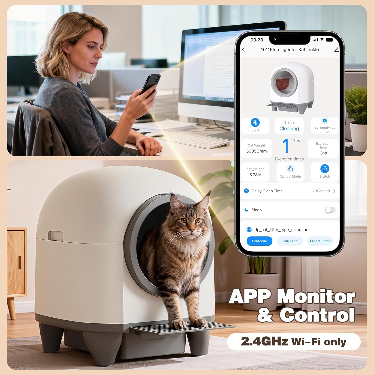 Greesum UltraSmart AutoClean Litter Box with app control interface