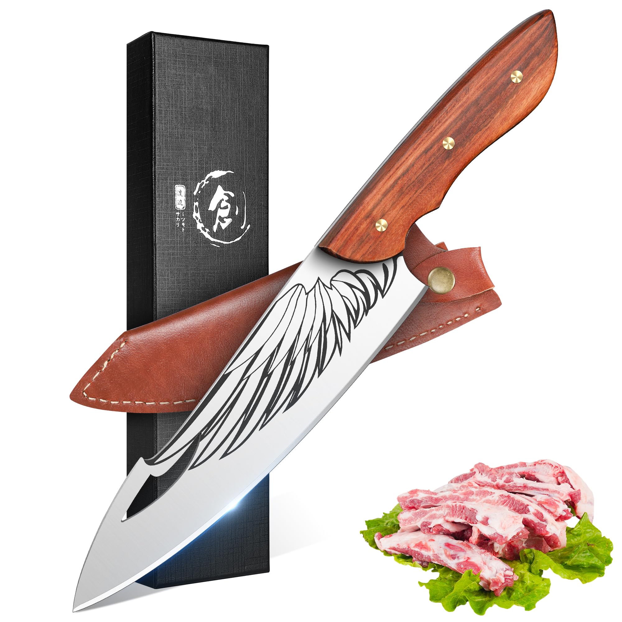 ROCOCO Feather Viking Boning Knife - Cleaver Knife for Meat Cutting Stainless Steel Birthday Gift Men 8.4"