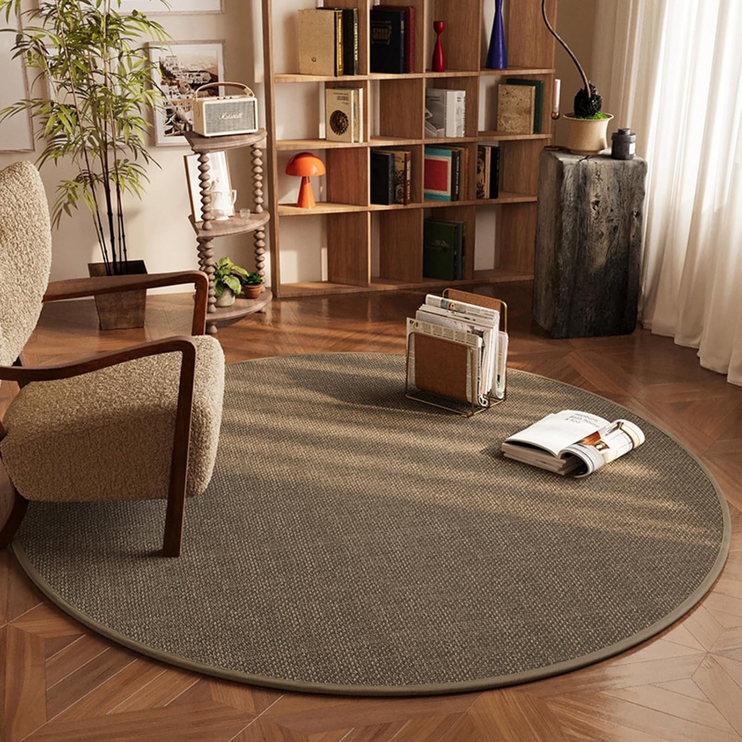 Lifup Office Chair Mat Round with Non-Slip Backing, Cotton Linen Farmhouse Decorative Floor Rug for Hard Surface, Under Desk Rug Protector Brown 3 39" x 39"