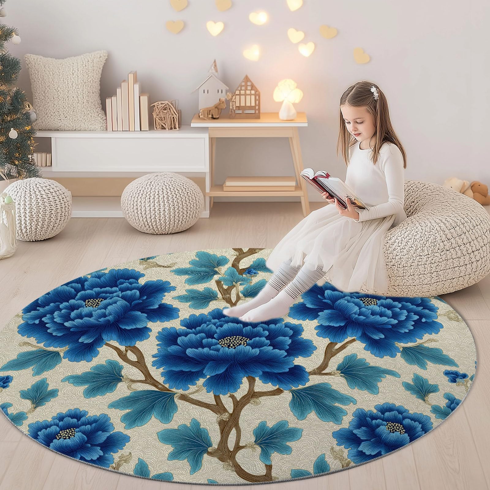 Rund Teppich 100 cm Retro-Pflanzen Pfingstrosenblüten Rutschfest Teppiche, Beige Plüsch Flauschig Weich Waschbar Runder Teppich Wohnzimmer Schlafzimmer Dekorative Küche Fußmatte Haustierteppich
