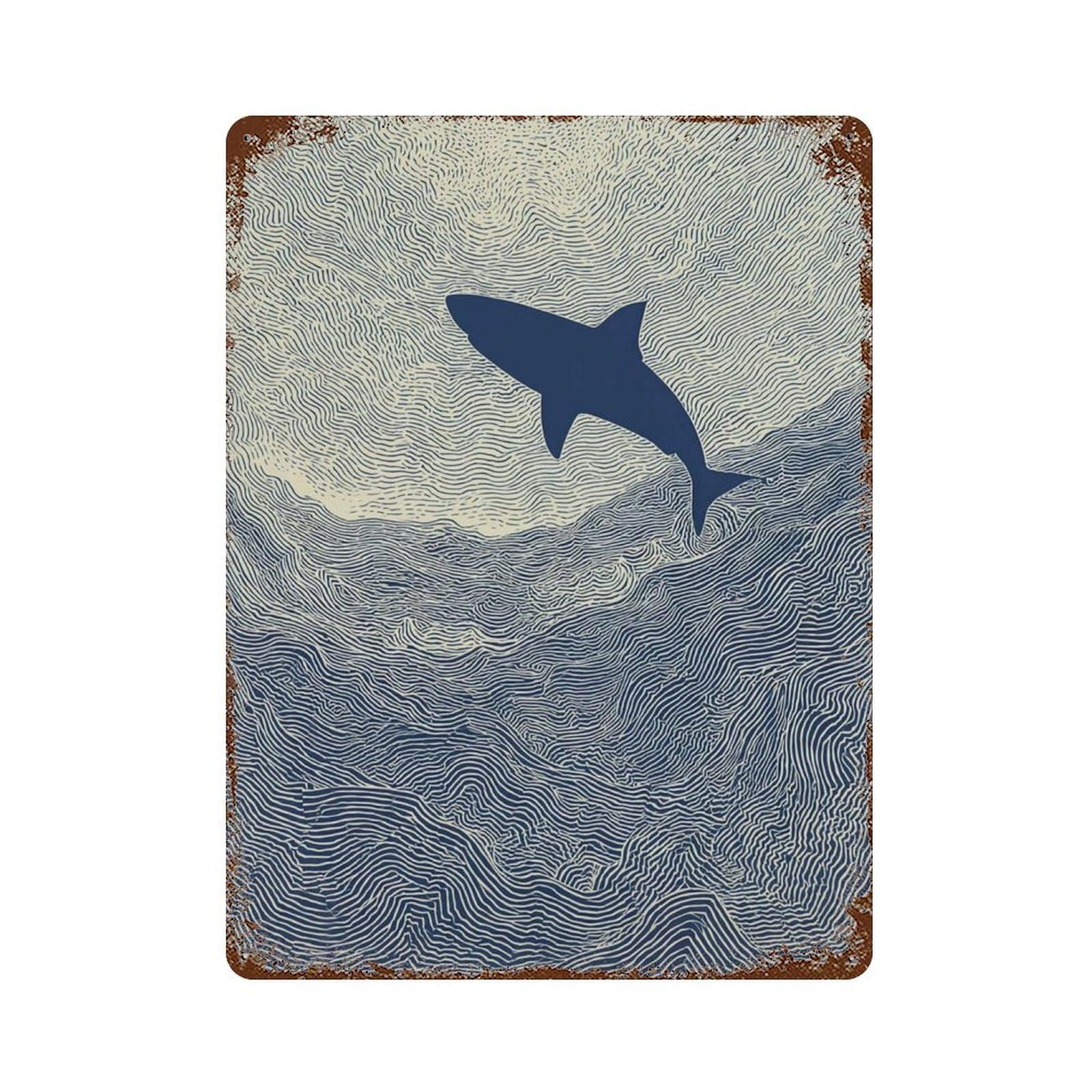 xiaoxiaoshen Abstract Linocut Shark Nautical Coastal Blue Minimalist Ocean Aesthetic Wall Decor Art Metal Tin Poster Modern Home Decor Art Home Bar Shop Decorations Vintage Sign 40x30cm