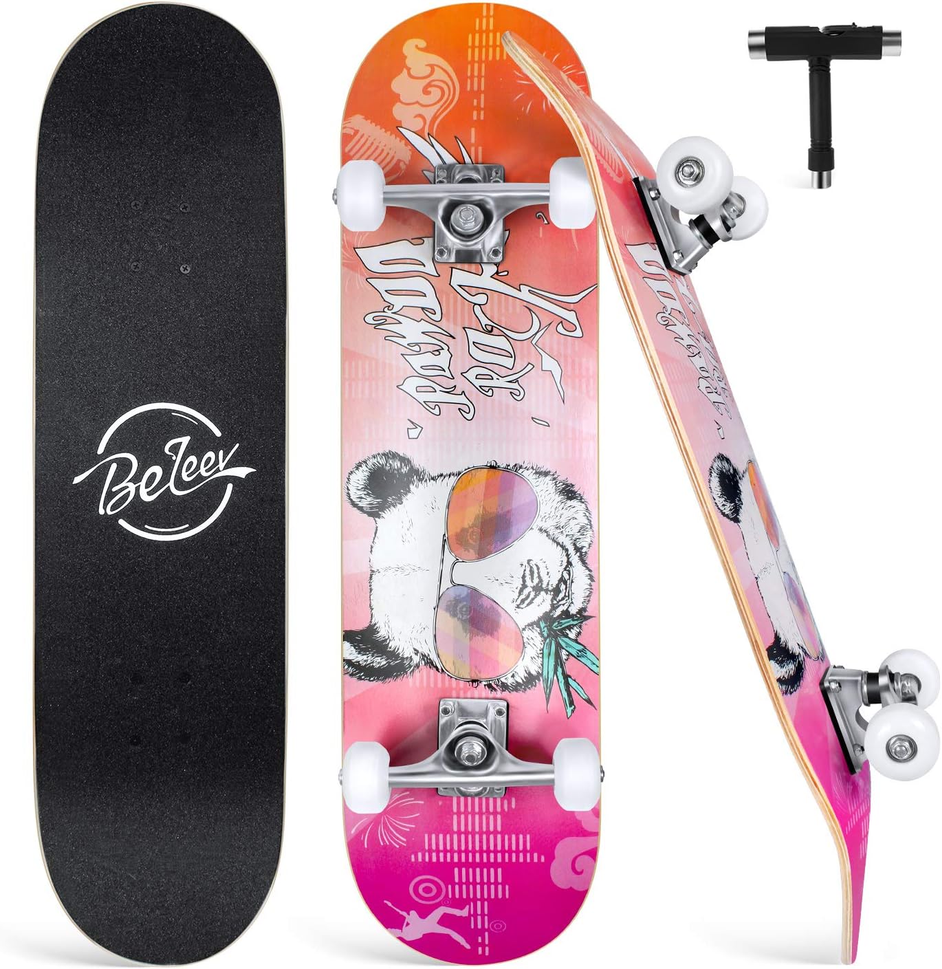 BELEEV Skateboards for Beginners, 31 x 8 inch Complete Skateboard for Kids Teens Adults, 7 Layer Canadian Maple Double Kick Deck Concave Cruiser Trick Skateboard with Multifunction Skate T-Tool