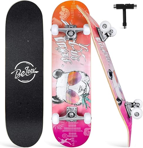 Miniatura 1 de BELEEV Skateboards for Beginners, 31 x 8 inch Complete Skateboard for Kids Teens Adults, 7 Layer Canadian Maple Double Kick Deck Concave Cruiser