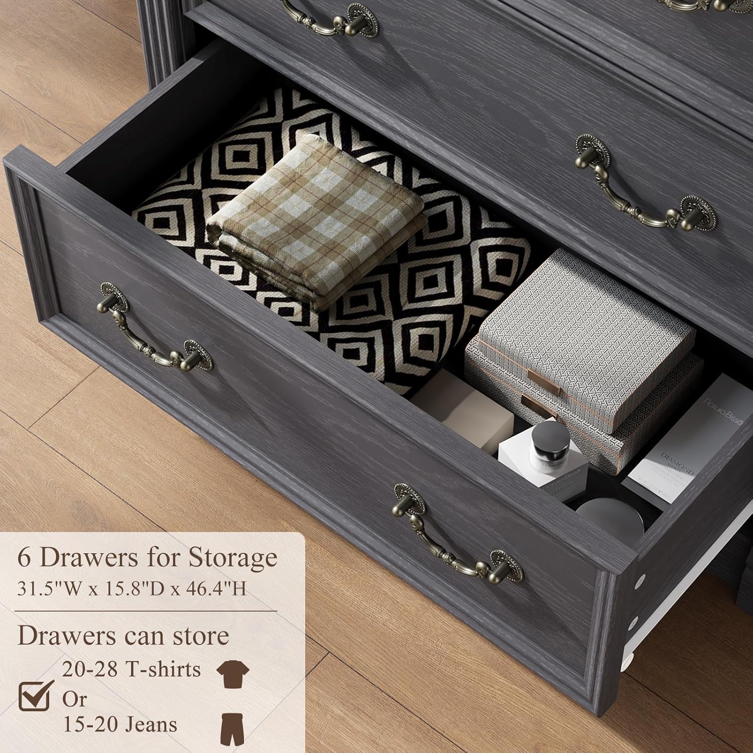 Grey Dresser for Bedroom, Farmhouse 6 Chest of Drawers, 47" Tall 6 Drawer Dresser Storage with Wood Pilasters and Metal Handles, Vintage Design, Drawer Organizer for Bedroom, Hallway