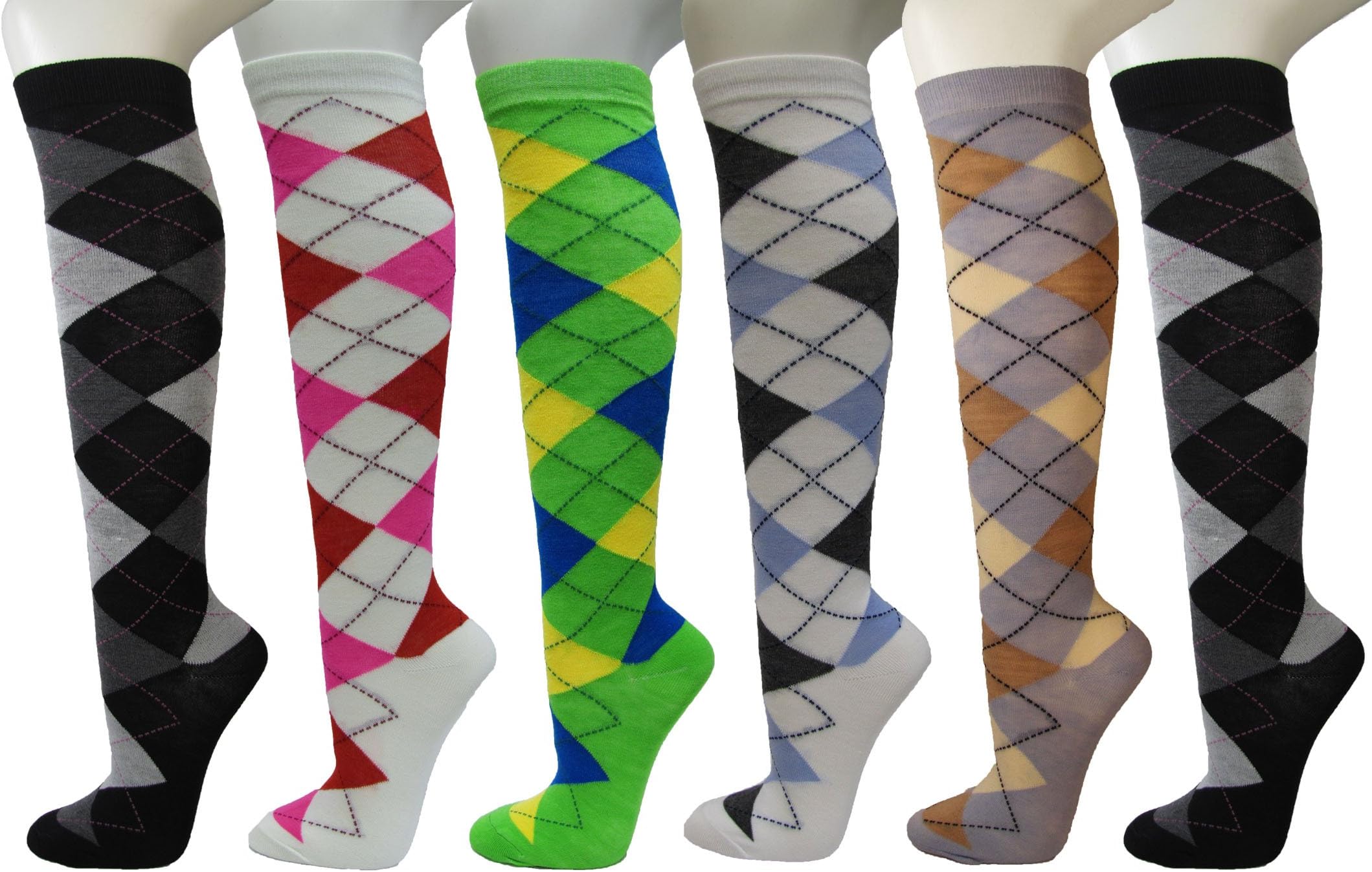 Argyle Ladies/Women Colorful Variety Design Assorted Knee High Fashion Stocking Socks(6 Pairs)
