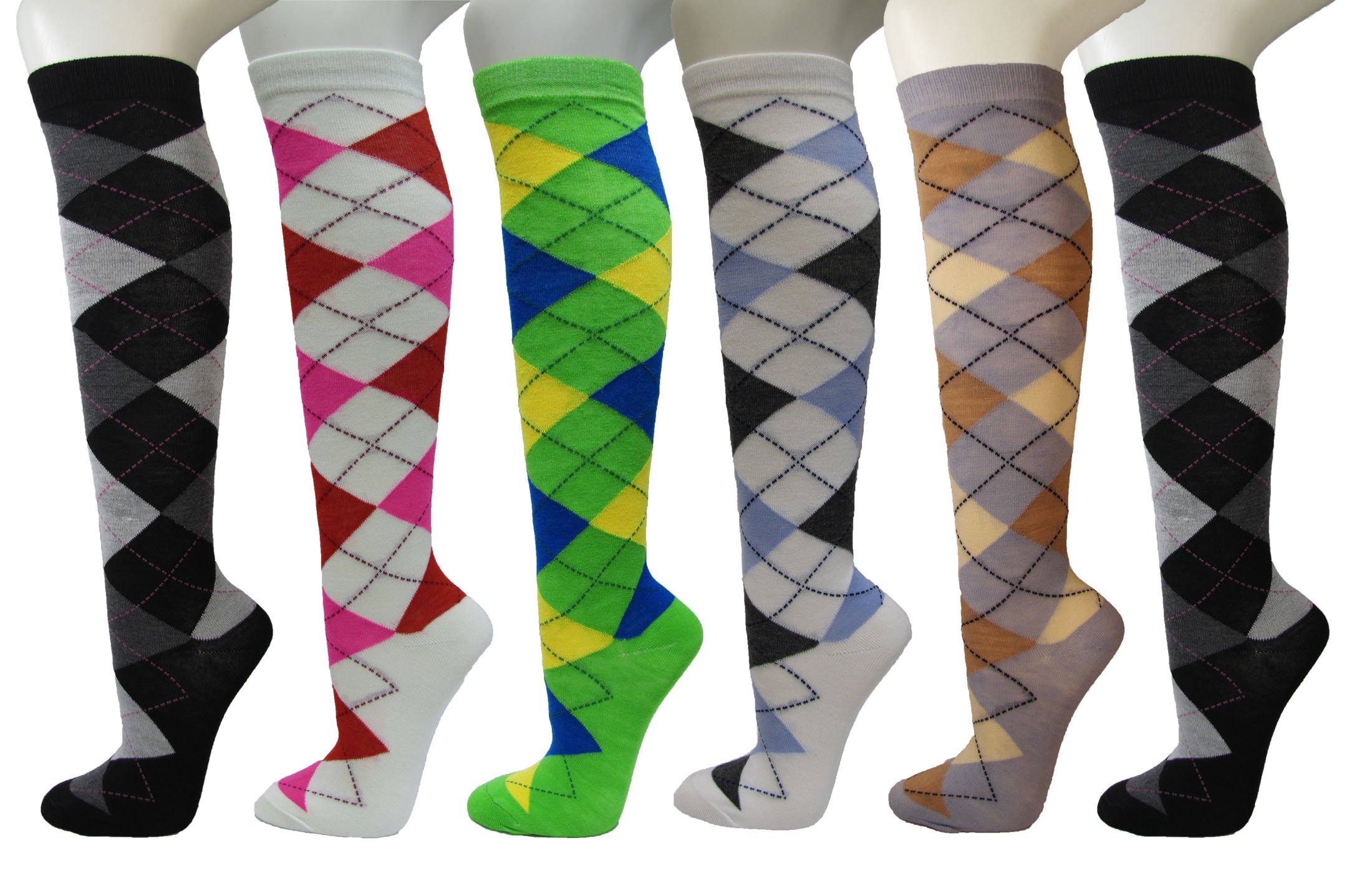 Argyle Ladies/Women Colorful Variety Design Assorted Knee High Fashion Stocking Socks(6 Pairs)