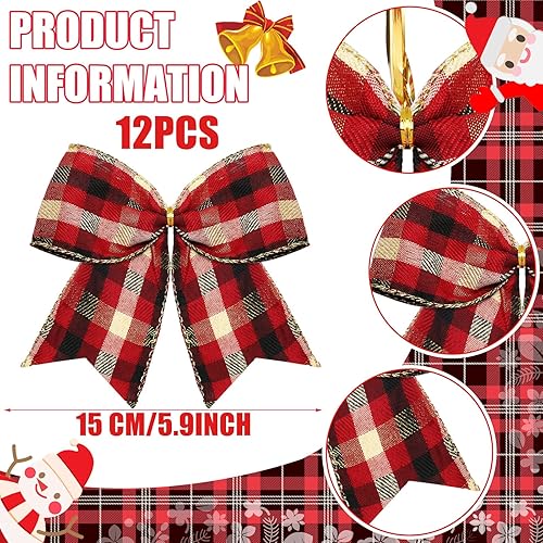 Miniatura 2 de Jetec 12 piezas de lazos de Navidad de búfalo a cuadros 15 cm de decoración, lazos de Navidad a cuadros de búfalo, lazos para atar, guirnaldas