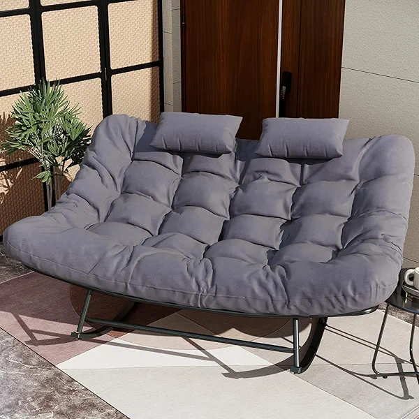 Double Outdoor Rocking Papasan Chair, Oversized Rocking Chair for 2-Person, Loveseat Rocker with Soft Cushion & Rattan Frame, Large Lounge for Patio Garden Balcony (Gray)