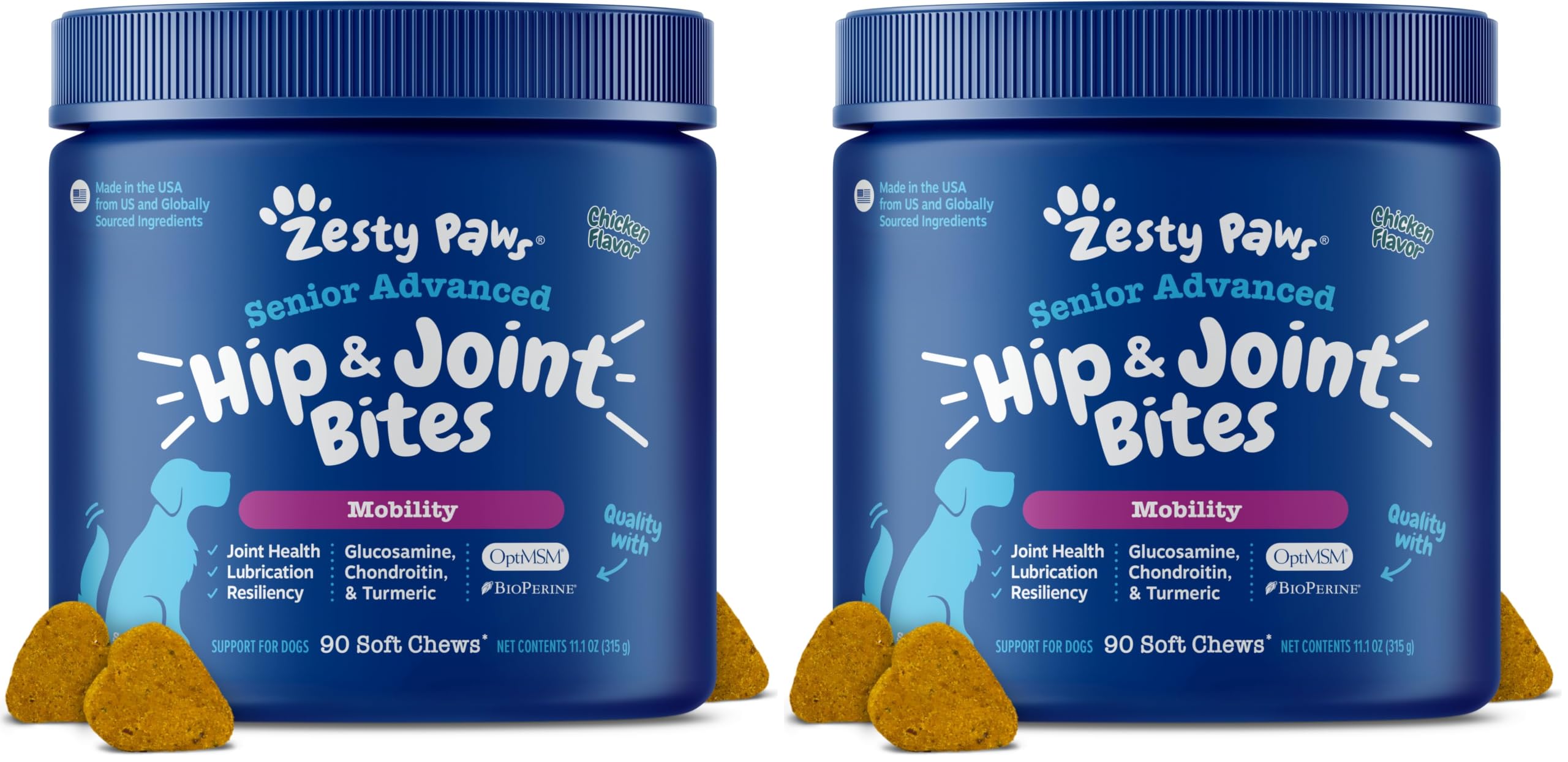 Zesty Paws Mobility Bites Joint Supplement for Dogs - Soft Chews with Glucosamine for Dogs, Chondroitin, &amp; MSM + Vitamins C and E - Adv Chicken - 90 Count (Pack of 2)