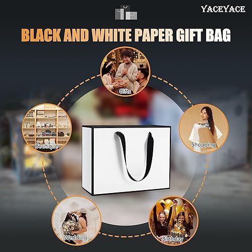 Miniatura 7 de YACEYACE 20 bolsas de regalo de tamaño mediano en blanco y negro con asas de cinta, bolsas de bienvenida de boda de papel grueso