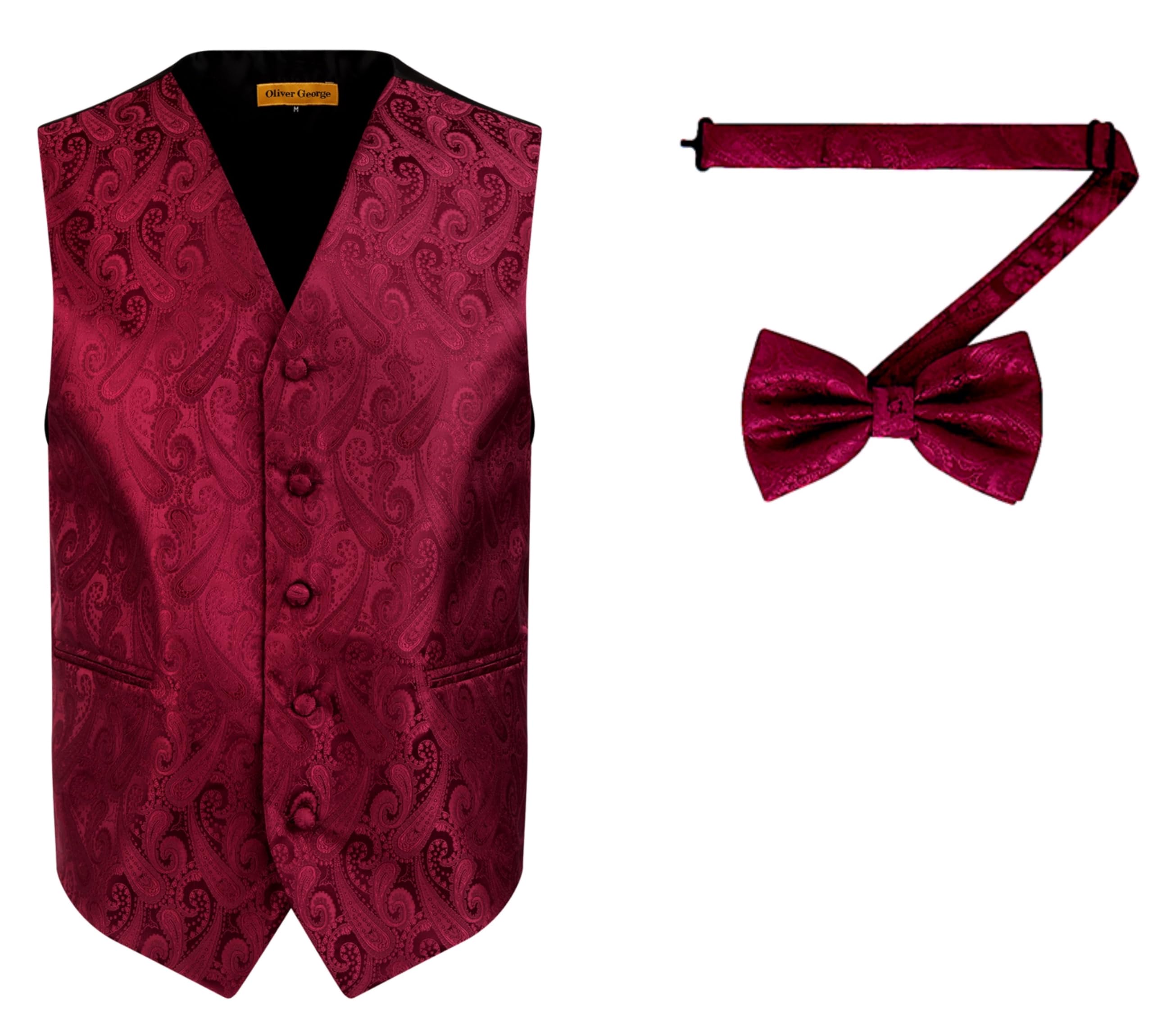Oliver George 2pc Men's Paisley Formal Suit Vest Waistcoat Tuxedo Dress Vest Bowtie Set for Suit or Tuxedo, Burgundy, X - S
