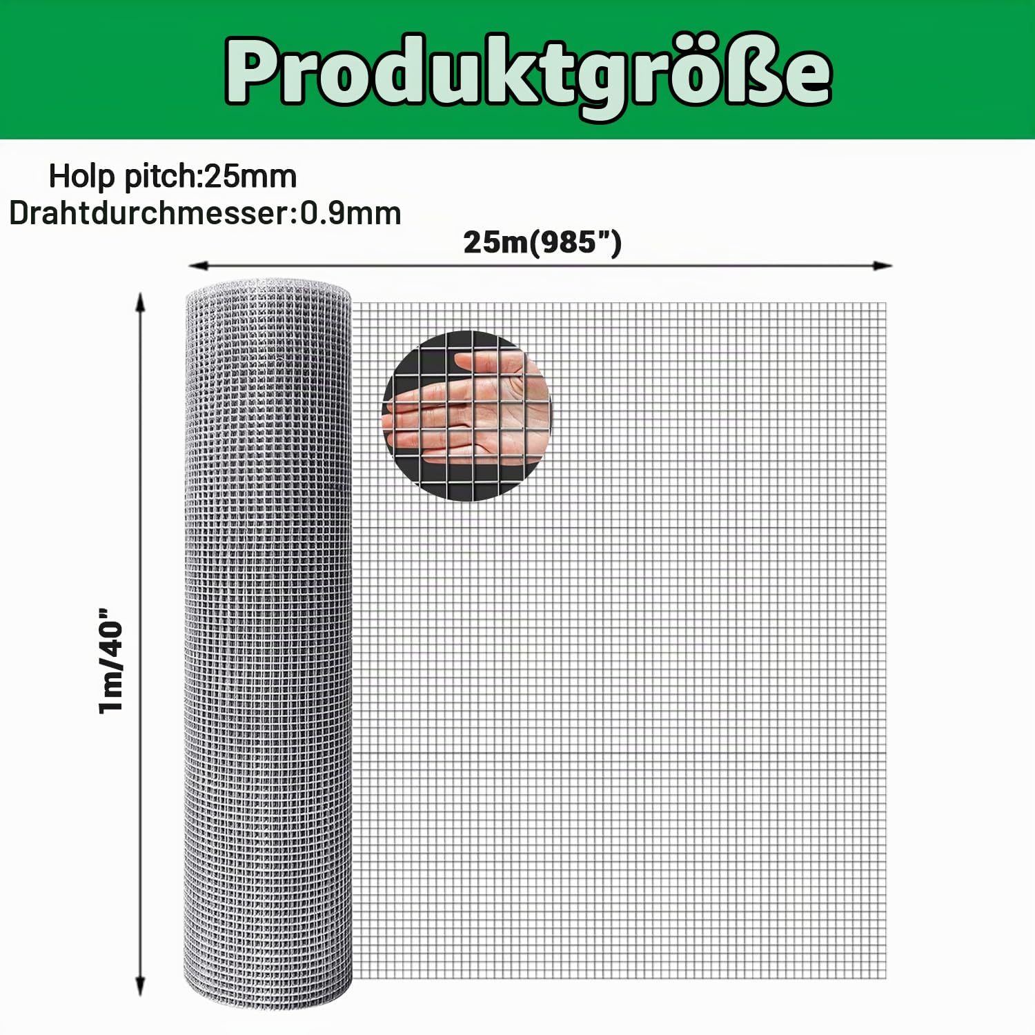 WüHlmausgitter 1m X 25m Verzinkt & Rostfrei, Maschendrahtzaun 25mm Masche 0,9 Mm Draht StäRke, Hasendraht Kaninchendraht Volierendraht, Drahtgitter für Hochbeet Zaun HüHnerdraht Hasengitter