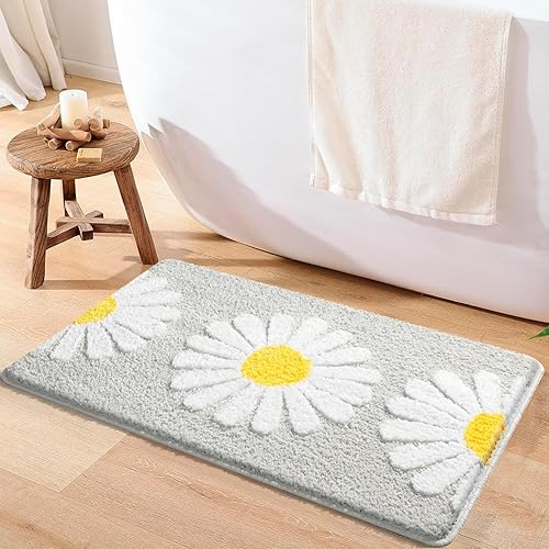 Sunhop Bonito tapete de baño, diseño de margaritas de flores grises, microfibra extra suave y absorbente, antideslizante, tapete de baño pequeño