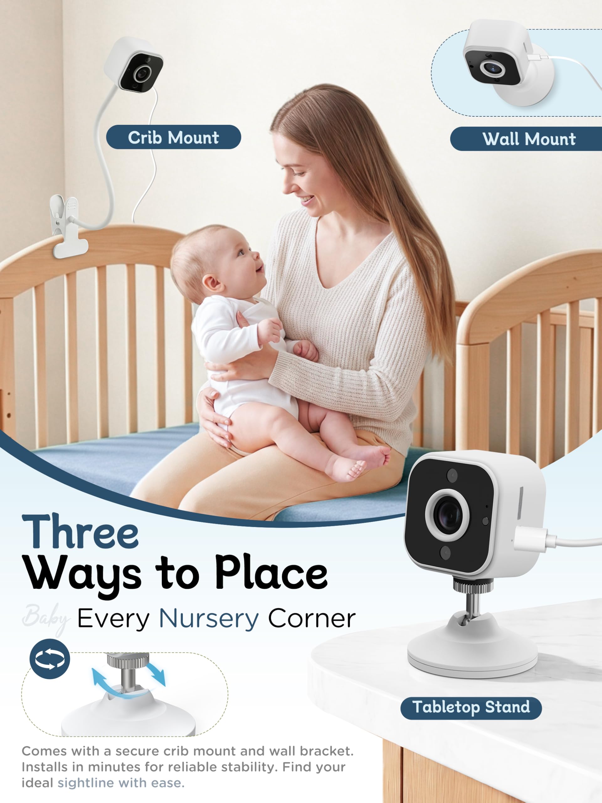Moniteur bébé avec caméra et vision nocturne, sans WiFi, avec clip de lit et support