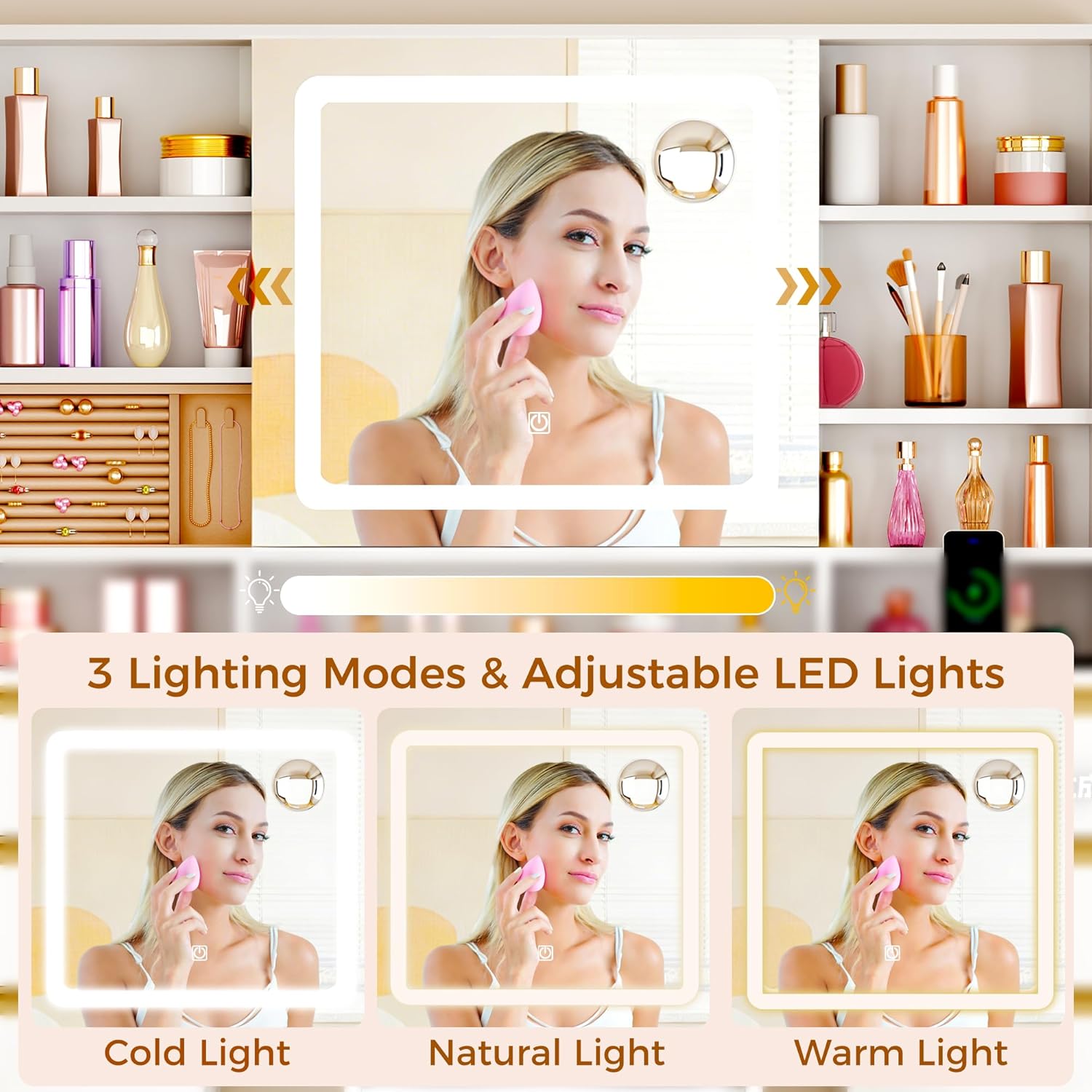 ANWBROAD 43'' Large Vanity Desk with Sliding Mirror and Lights, Makeup Vanity Table with Jewelry Organizer,11 Drawers,6 Shelves, 3Color Lights Makeup Desk with Stool and Power Outlet for Girls UBDT98X